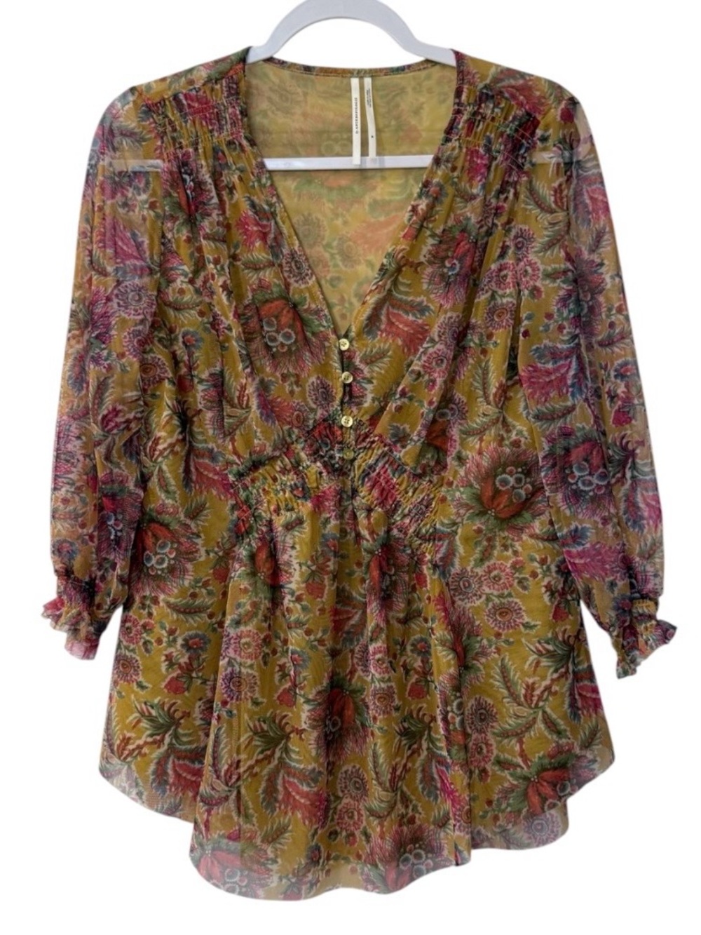 Anthropologie Gretchen women’s Medium 1/2 sleeve mustard yellow smocked blouse